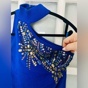 Cache Cobalt Blue Jeweled Mock Neck Tank